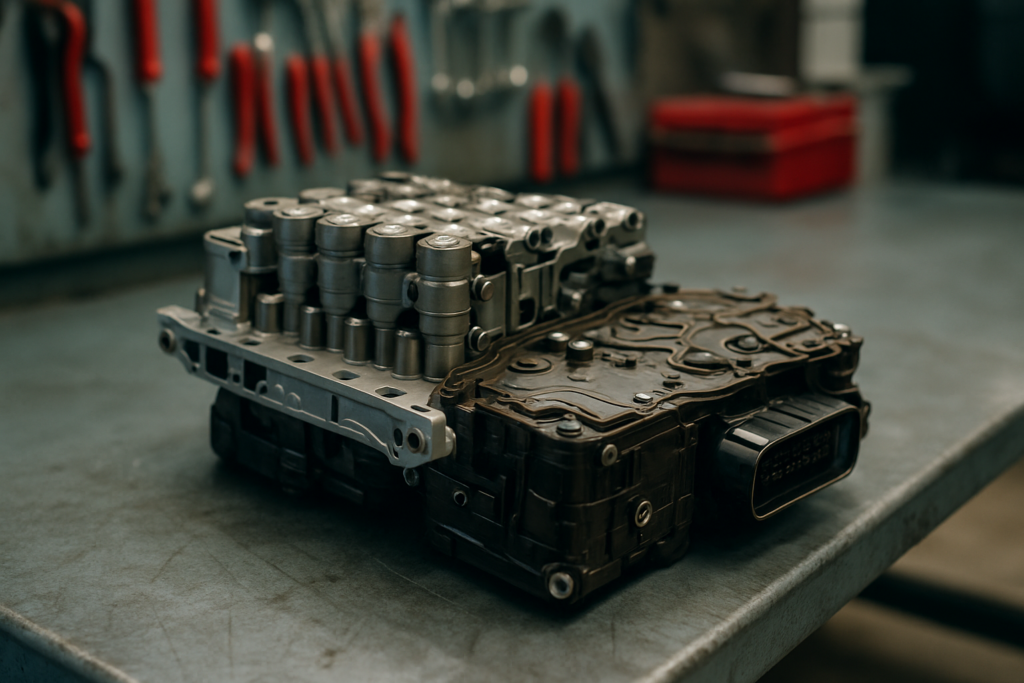 DSG DQ200 dual-clutch gearbox mechatronic unit removed and placed on a workbench