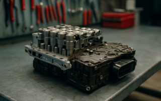 DSG DQ200 dual-clutch gearbox mechatronic unit removed and placed on a workbench
