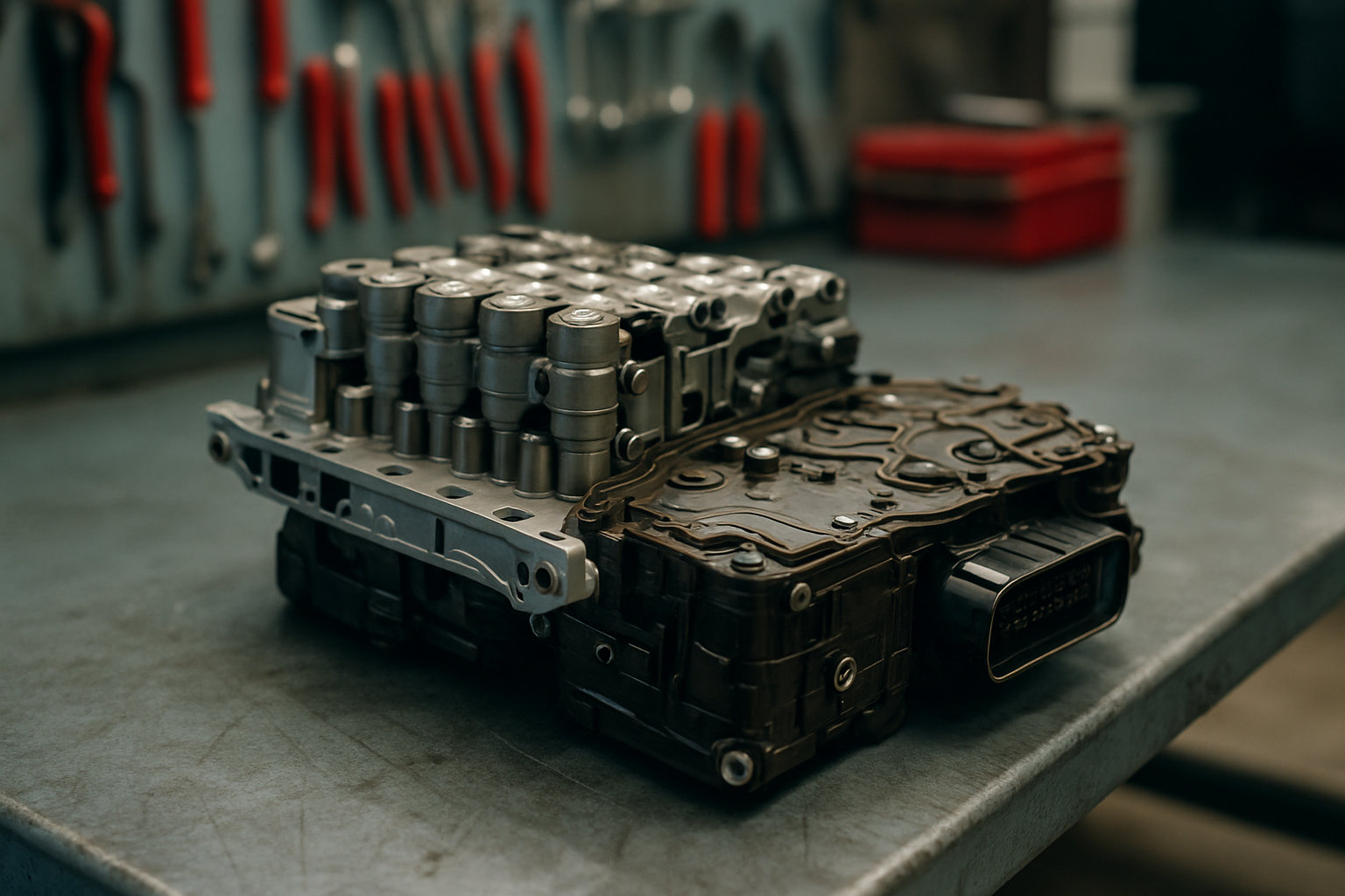 DSG DQ200 dual-clutch gearbox mechatronic unit removed and placed on a workbench
