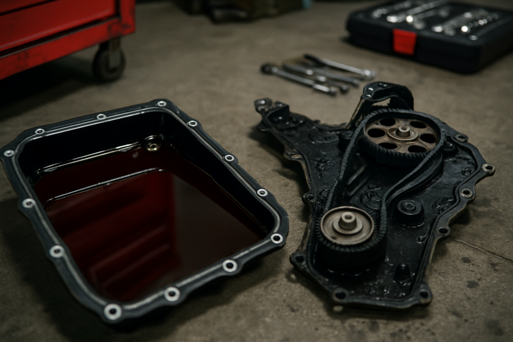 Aisin EAT6 automatic gearbox oil drain pan with dark degraded ATF fluid alongside a wet belt timing kit from a 1.2 PureTech EB2DT engine