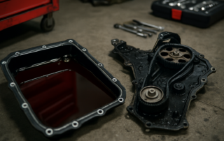 Aisin EAT6 automatic gearbox oil drain pan with dark degraded ATF fluid alongside a wet belt timing kit from a 1.2 PureTech EB2DT engine