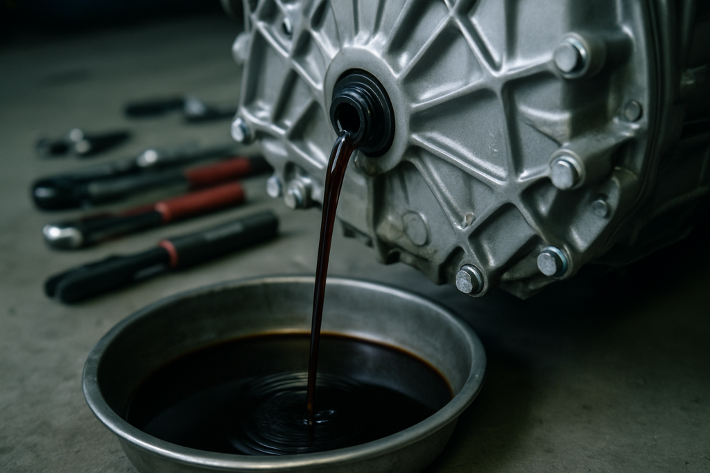 Mercedes 7G-DCT dual clutch transmission oil drain plug with dark degraded oil draining into a metal pan