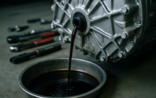 Mercedes 7G-DCT dual clutch transmission oil drain plug with dark degraded oil draining into a metal pan