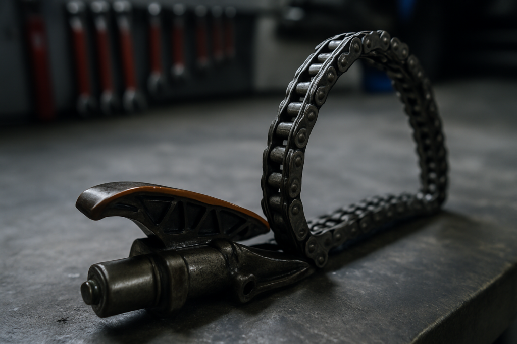 worn timing chain and tensioner from a BMW N47 diesel engine laid on a workbench