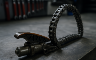 worn timing chain and tensioner from a BMW N47 diesel engine laid on a workbench