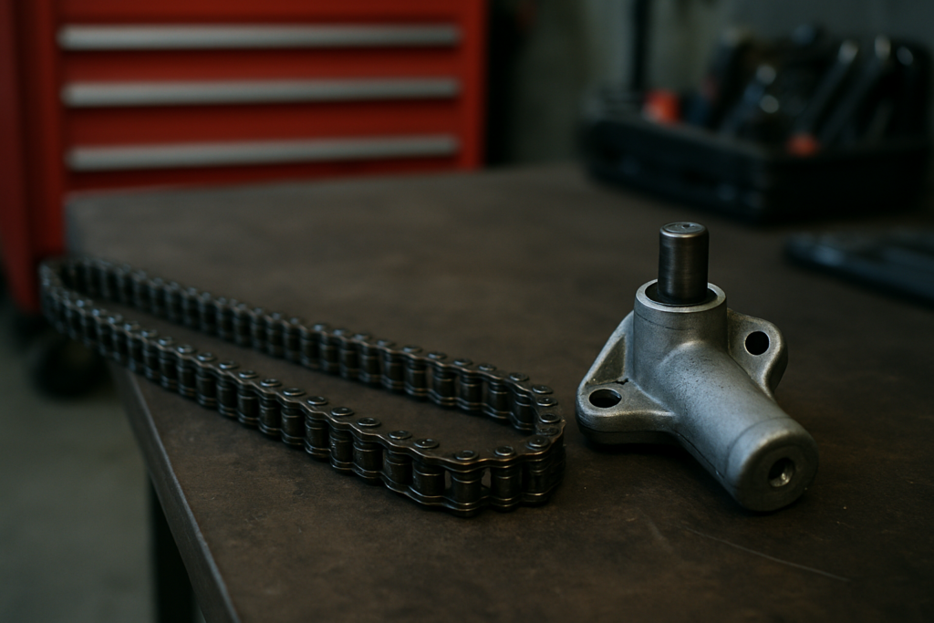 stretched timing chain and hydraulic tensioner from a Renault 1.2 TCe H5Ft engine laid on a workbench