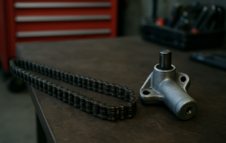 stretched timing chain and hydraulic tensioner from a Renault 1.2 TCe H5Ft engine laid on a workbench