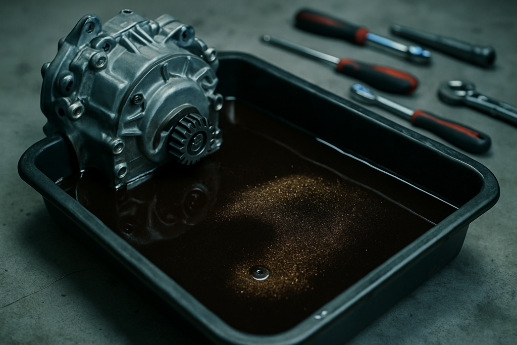 Getrag 6DCT250 dual-clutch transmission oil drain pan with dark degraded oil and metallic particles