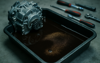 Getrag 6DCT250 dual-clutch transmission oil drain pan with dark degraded oil and metallic particles