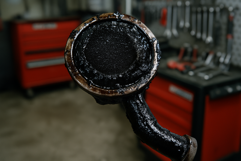 clogged oil strainer from a Nissan HR12DDT engine covered in black sludge deposits