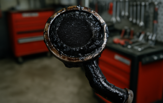 clogged oil strainer from a Nissan HR12DDT engine covered in black sludge deposits