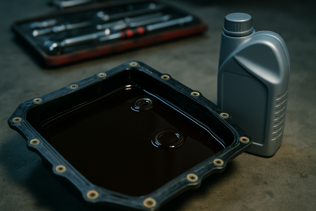 Aisin AF40 automatic gearbox oil drain pan filled with dark degraded ATF fluid next to a fresh oil bottle