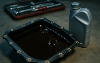 Aisin AF40 automatic gearbox oil drain pan filled with dark degraded ATF fluid next to a fresh oil bottle