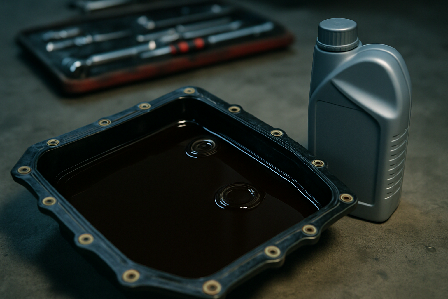 Aisin AF40 automatic gearbox oil drain pan filled with dark degraded ATF fluid next to a fresh oil bottle