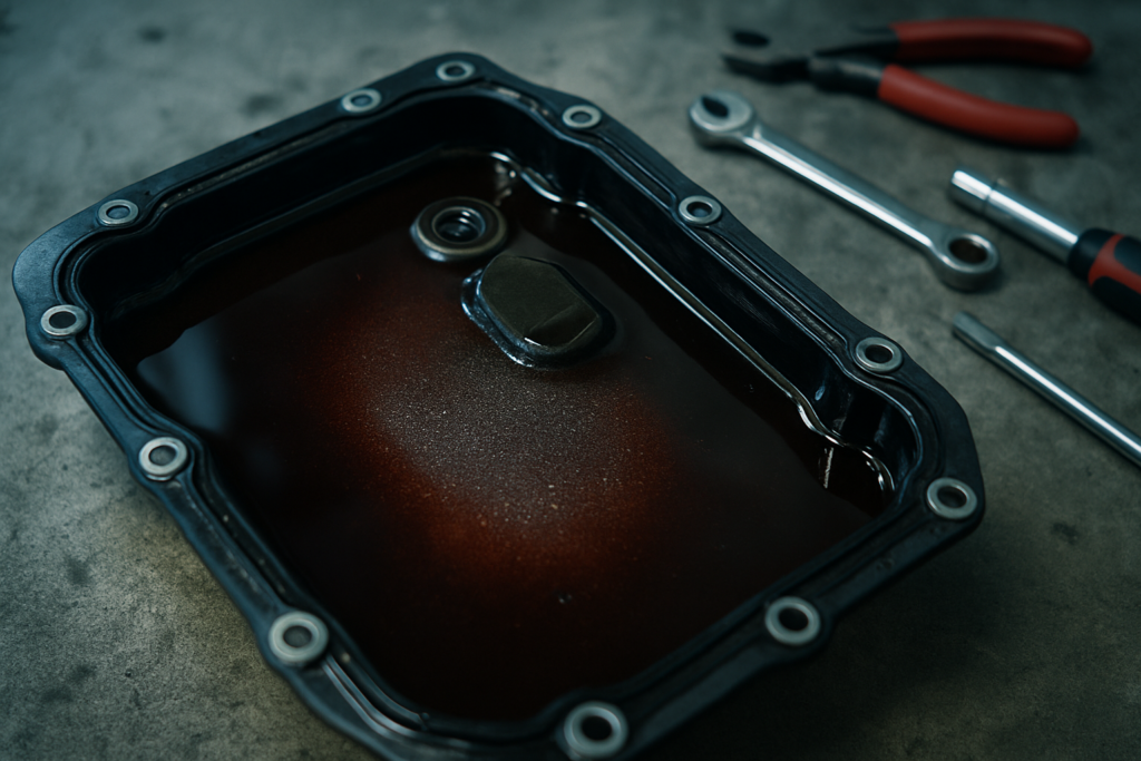Aisin TF-80SC automatic gearbox oil drain pan with dark degraded transmission fluid and metallic particles visible