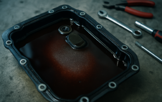 Aisin TF-80SC automatic gearbox oil drain pan with dark degraded transmission fluid and metallic particles visible