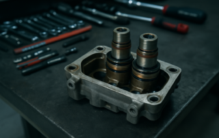 BMW E46 double VANOS unit disassembled on a workbench with worn internal O-rings and Teflon piston rings visible