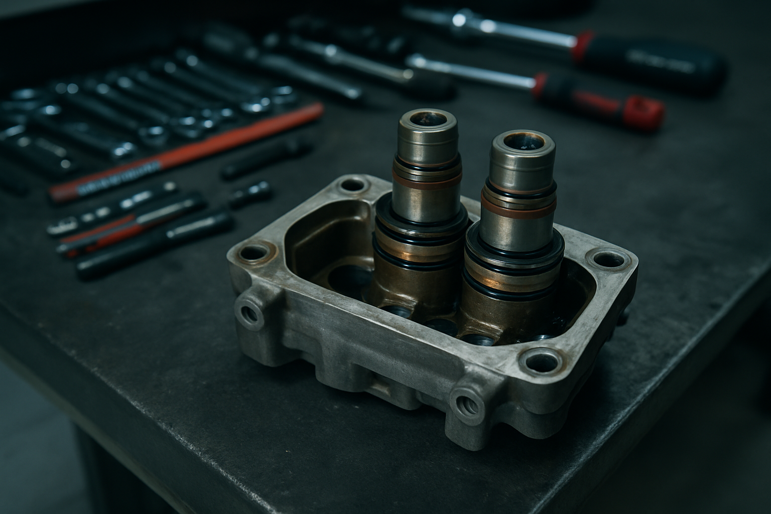 BMW E46 double VANOS unit disassembled on a workbench with worn internal O-rings and Teflon piston rings visible