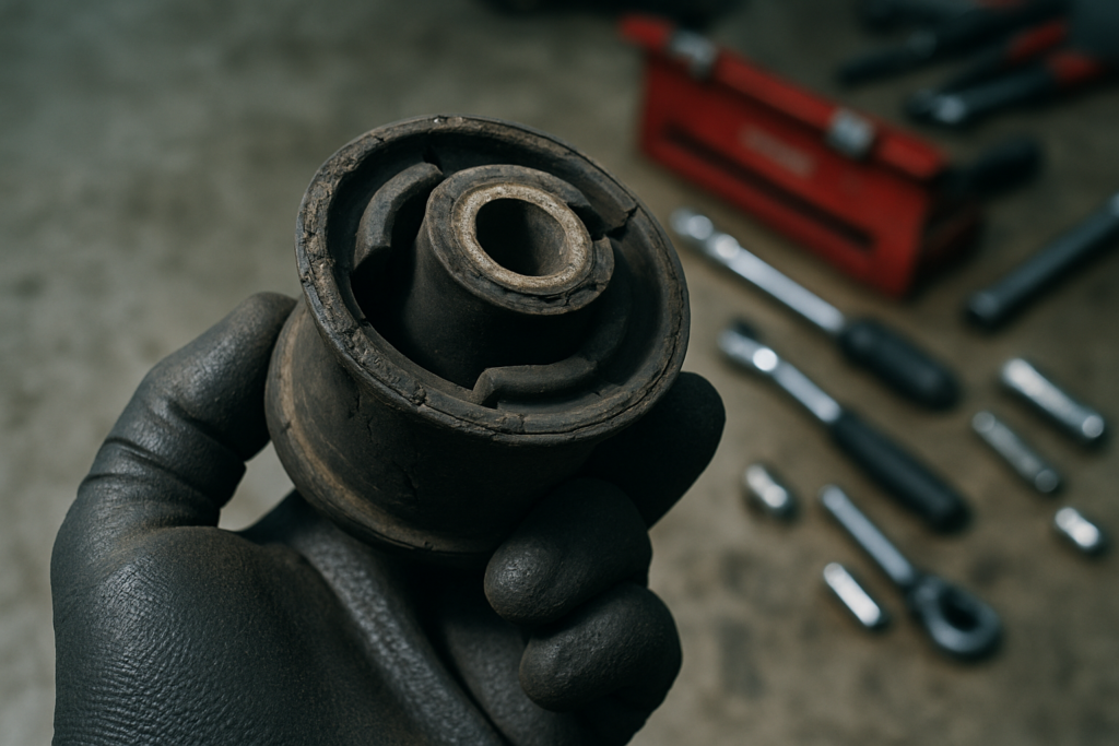 worn rubber subframe bushing from a BMW E46 held in a mechanic's gloved hand