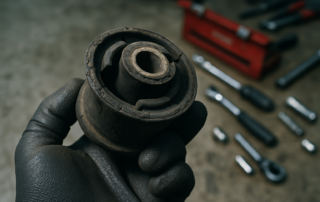 worn rubber subframe bushing from a BMW E46 held in a mechanic's gloved hand