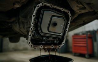 BMW E46 automatic gearbox ZF 5HP19 oil pan removed with internal filter and dark ATF fluid