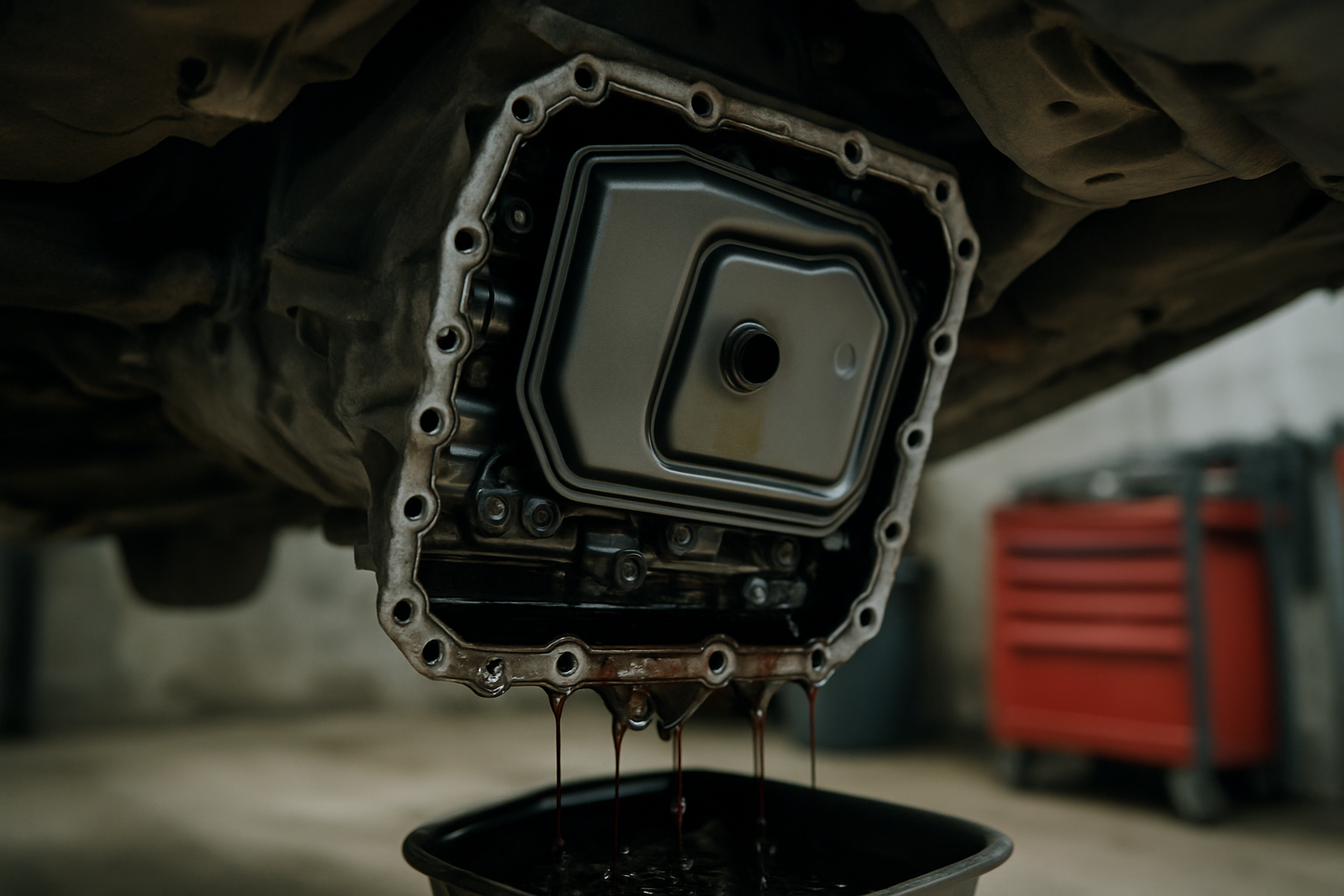 BMW E46 automatic gearbox ZF 5HP19 oil pan removed with internal filter and dark ATF fluid