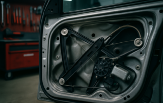 BMW E46 door panel removed showing window regulator cable mechanism and electric motor