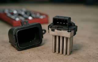 BMW E46 final stage resistor FSR module with 5-pin connector removed from HVAC housing