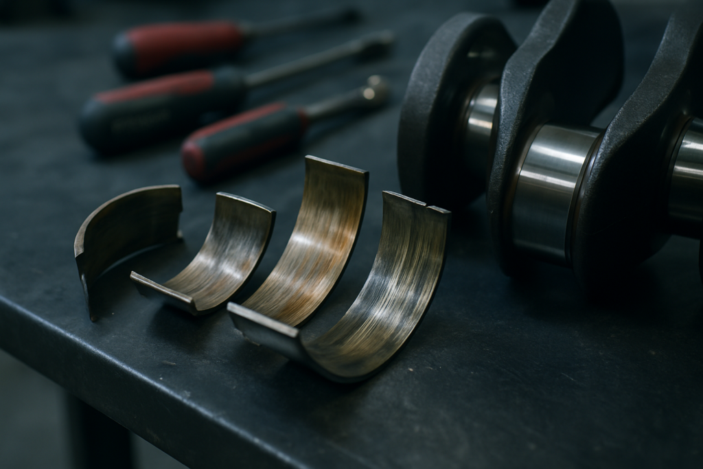 worn connecting rod bearing shells from a BMW S54 engine laid on a workbench beside a crankshaft journal