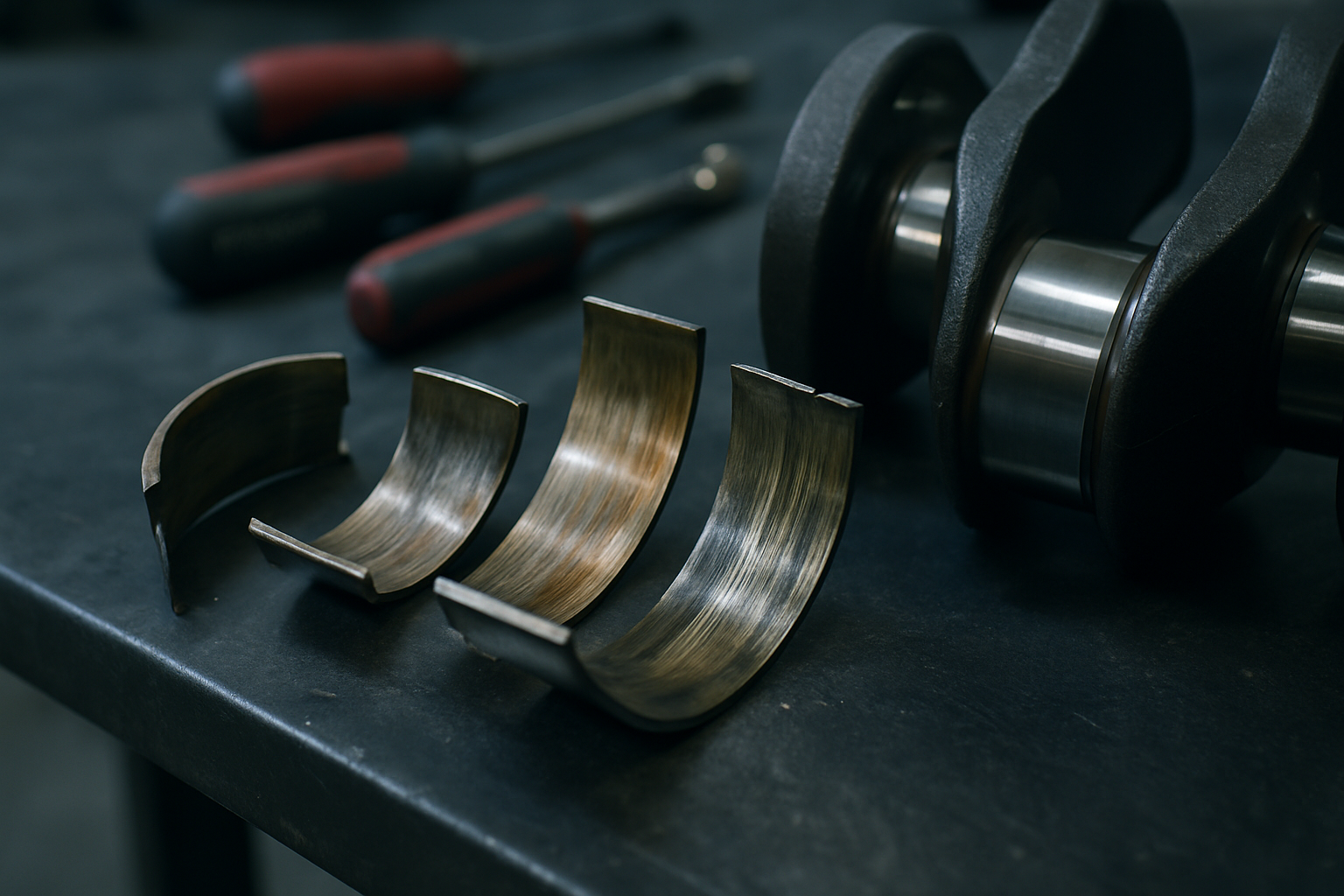 worn connecting rod bearing shells from a BMW S54 engine laid on a workbench beside a crankshaft journal