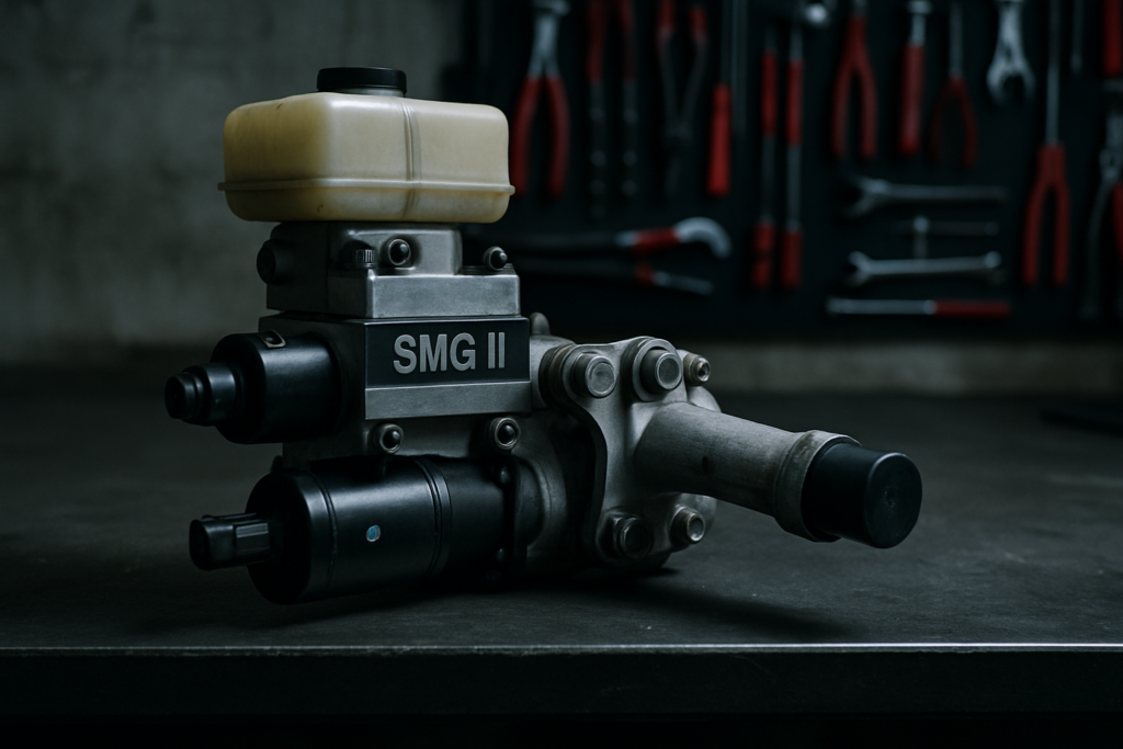 BMW M3 E46 SMG II hydraulic pump and actuator assembly on a workbench
