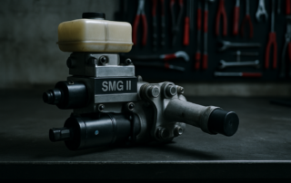 BMW M3 E46 SMG II hydraulic pump and actuator assembly on a workbench