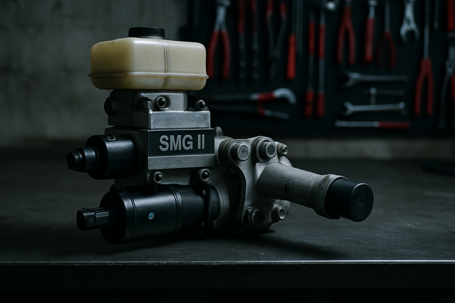 BMW M3 E46 SMG II hydraulic pump and actuator assembly on a workbench