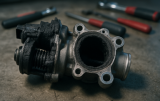 a disassembled EGR valve from a 2.0 TDI EA288 engine covered in black carbon deposits