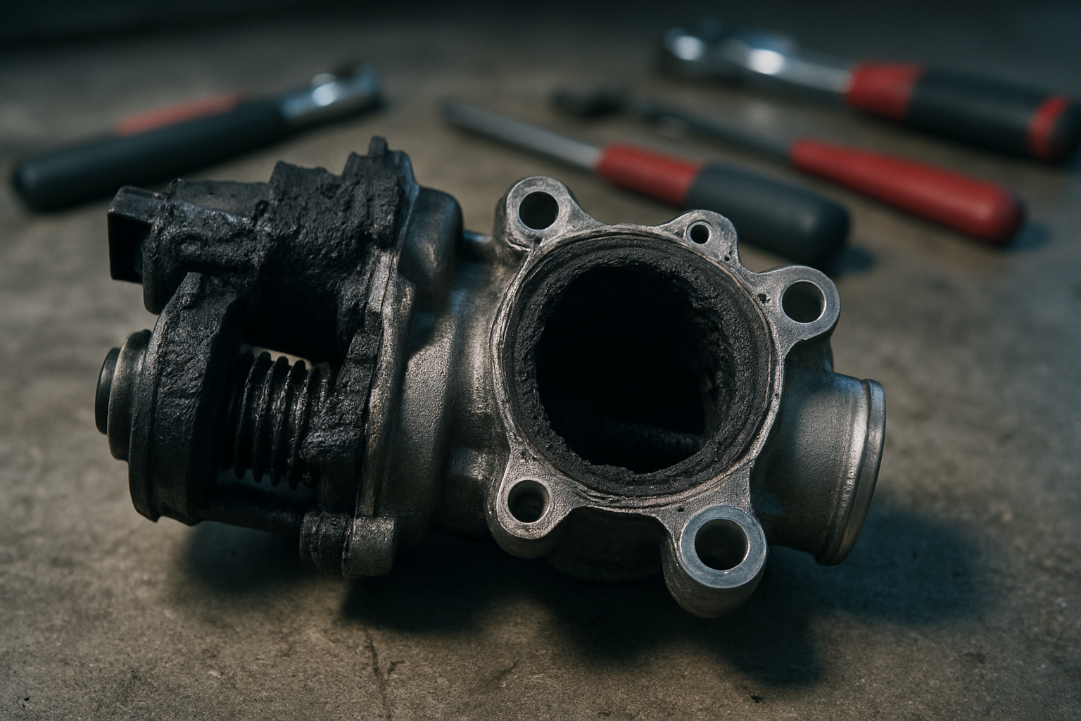 a disassembled EGR valve from a 2.0 TDI EA288 engine covered in black carbon deposits