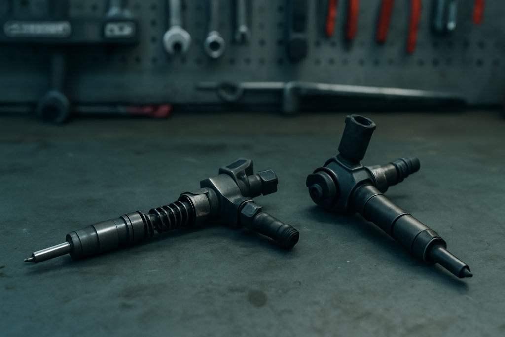 a disassembled Delphi common rail diesel injector from a 1.6 HDi DV6 engine placed on a workbench next to a Bosch injector