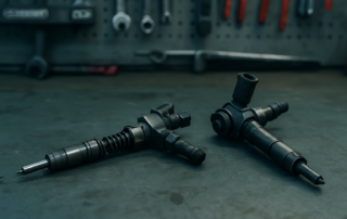 a disassembled Delphi common rail diesel injector from a 1.6 HDi DV6 engine placed on a workbench next to a Bosch injector