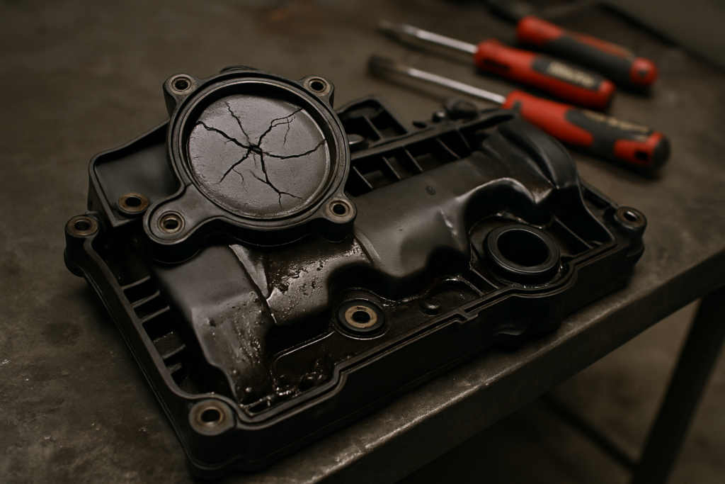 PSA DV4 1.4 HDi cylinder head cover with integrated oil separator breather removed and placed on workbench