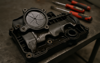 PSA DV4 1.4 HDi cylinder head cover with integrated oil separator breather removed and placed on workbench
