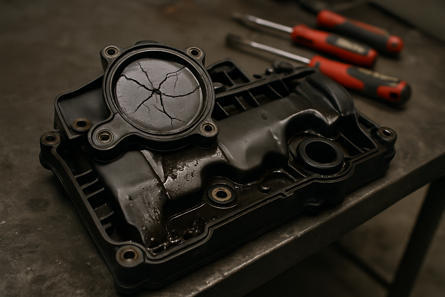 PSA DV4 1.4 HDi cylinder head cover with integrated oil separator breather removed and placed on workbench
