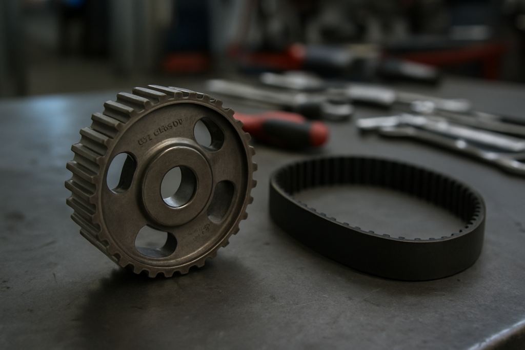 crankshaft sprocket reference 130C17529R from a Renault K9K 1.5 dCi engine placed on a workbench next to a timing belt
