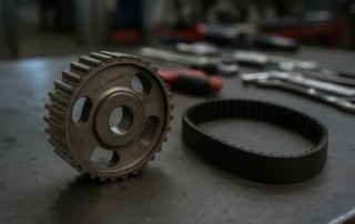 crankshaft sprocket reference 130C17529R from a Renault K9K 1.5 dCi engine placed on a workbench next to a timing belt