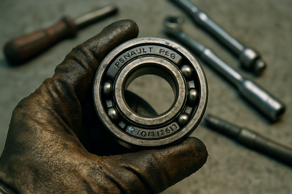 worn Renault PK6 gearbox secondary shaft bearing reference 7701477519 held in a mechanic's greasy gloved hand