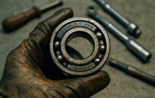 worn Renault PK6 gearbox secondary shaft bearing reference 7701477519 held in a mechanic's greasy gloved hand