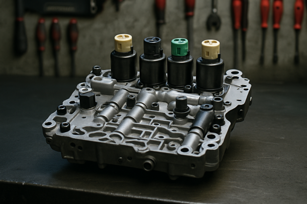 Renault DP0 AL4 automatic gearbox hydraulic valve body with solenoid valves ref 7701208174 laid on a workbench