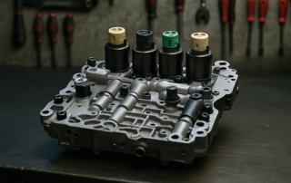 Renault DP0 AL4 automatic gearbox hydraulic valve body with solenoid valves ref 7701208174 laid on a workbench