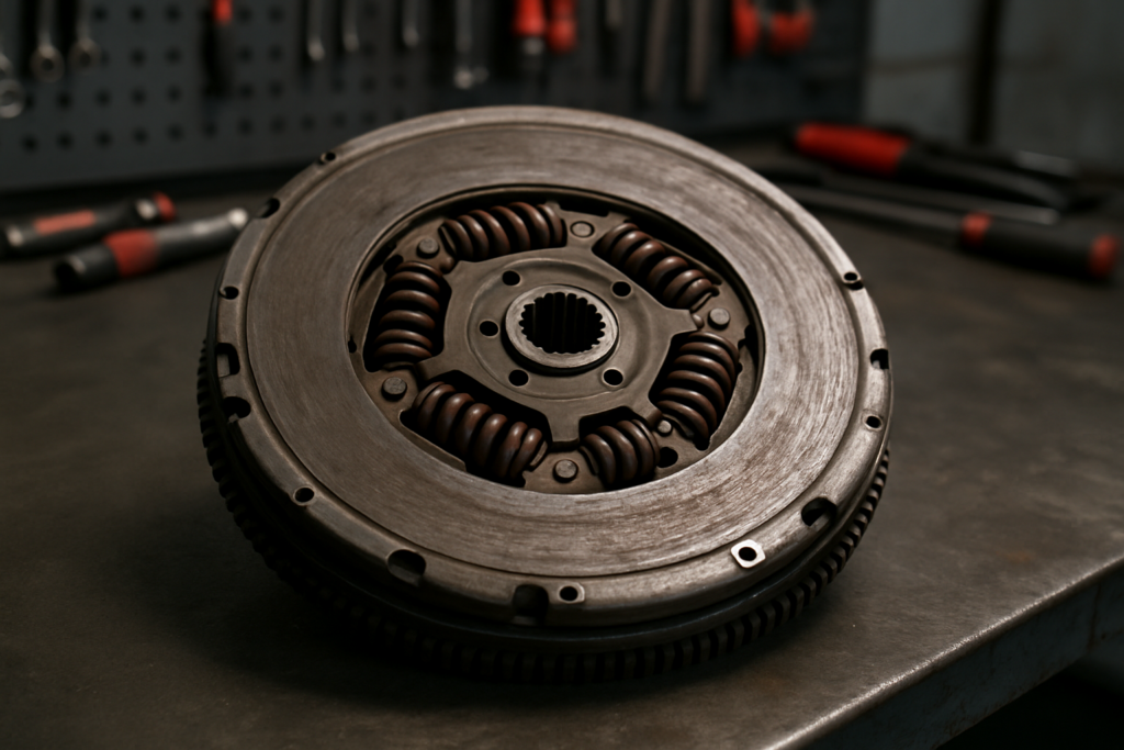 dual-mass flywheel ref 8200719659 for Renault Trafic 2.0 dCi M9R placed on a workbench