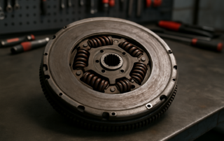 dual-mass flywheel ref 8200719659 for Renault Trafic 2.0 dCi M9R placed on a workbench
