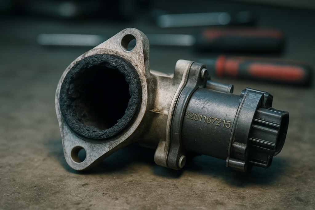a heavily carbon-fouled EGR valve reference 8201167216 removed from a Renault Master III diesel engine