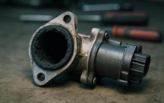 a heavily carbon-fouled EGR valve reference 8201167216 removed from a Renault Master III diesel engine